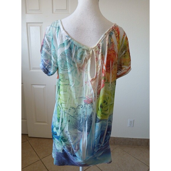 FANG Y2K Blouse Women’s  Multicolor Sheer Pleated Scoop Neck  W/Elastic Waist L - Picture 2 of 15